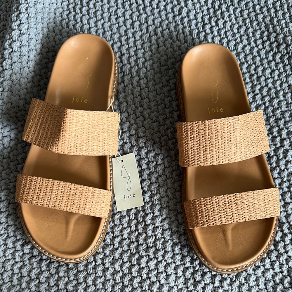 Joie NIMBLE Sandals BROWN TAN SLIP ON  Strappy SLIDE Rattan Pattern Size 8